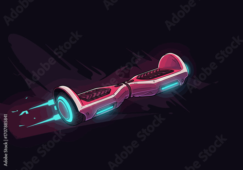 Futuristic Hoverboard with Neon Lights on Dark Background.