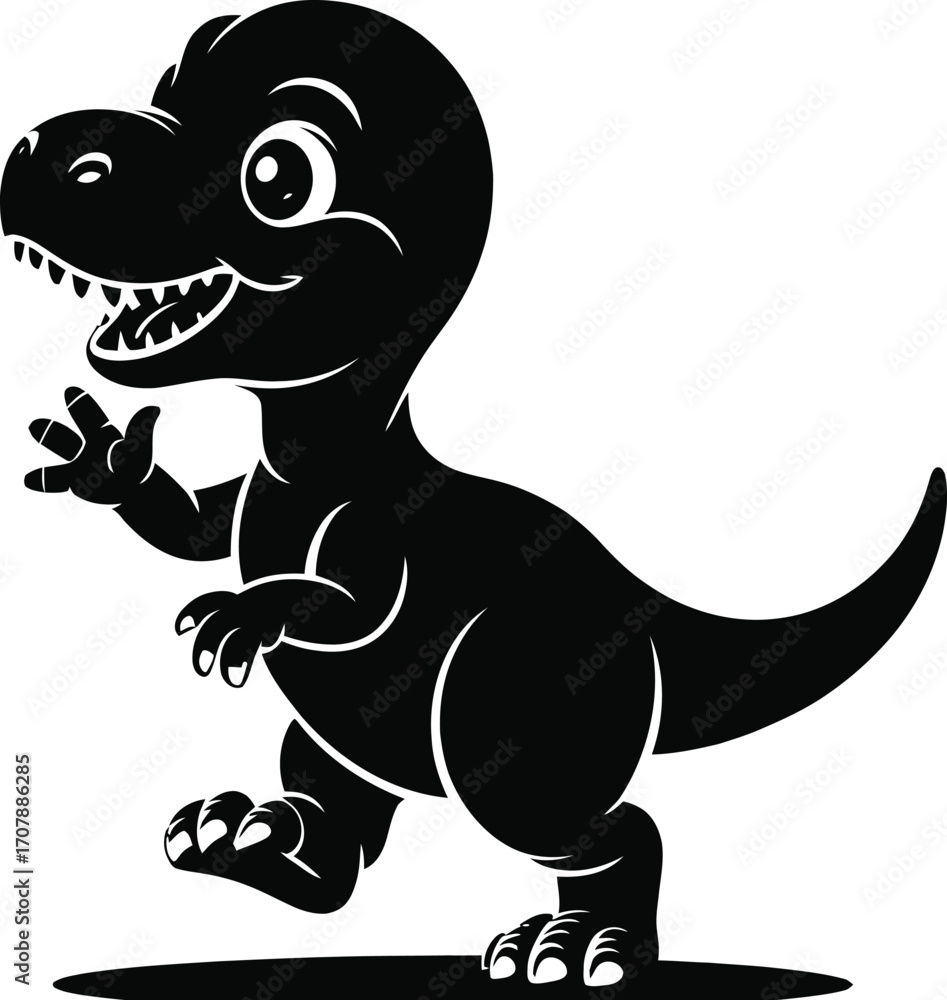 Obraz premium Cartoon Dinosaur Silhouette Illustration Black Design Art: Playful T-Rex Character with Friendly Expression and Outline