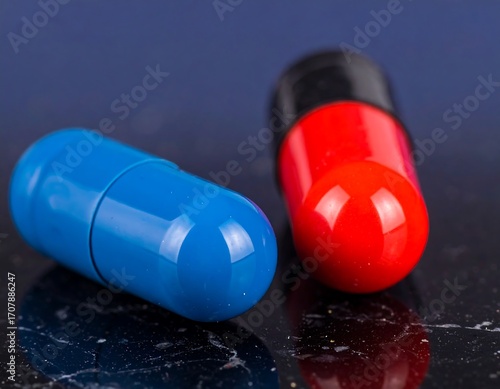 Two colorful pills on a dark surface