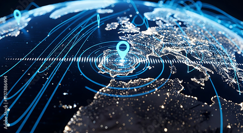Illuminated earth globe with location pins and network connections in a digital representation ai generated