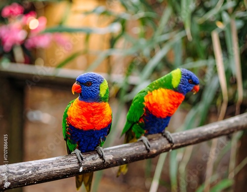 Two colorful parrots perched on a branch