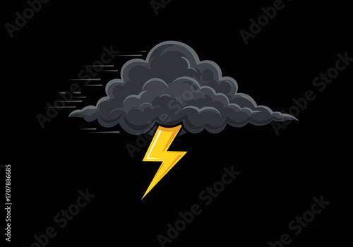 Dark storm cloud with a bright yellow lightning bolt.