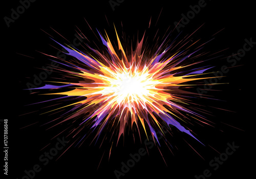 Vibrant Light Explosion with Colorful Rays on Black Background.