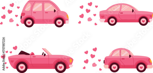 Pink romantic cars with hearts – cute love vehicles vector set for Valentine’s Day or wedding design
