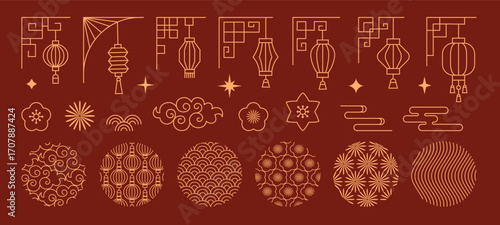 A set of Chinese New Year decorative elements in a gold line art style. Includes lanterns, clouds, flowers, and traditional Asian patterns for festive design.