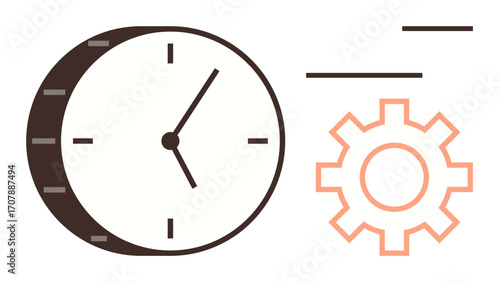 Clock with moving lines next to a gear suggests time, productivity, and workflow efficiency. Ideal for concepts thumbs up planning, scheduling, teamwork, productivity, time tracking, process