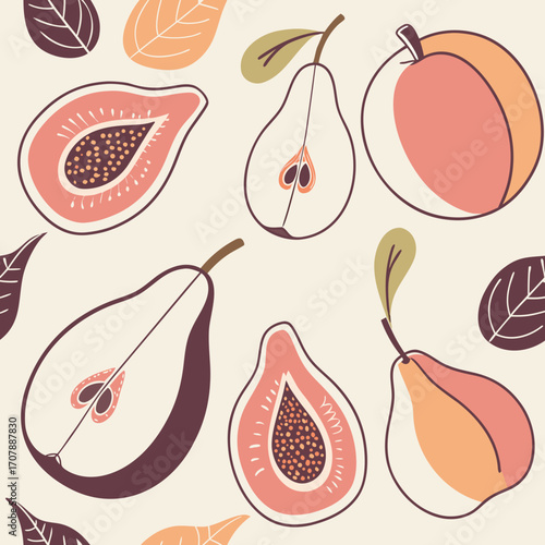 A charming and colorful seamless pattern featuring halved pears sliced figs a whole peach and scattered autumn leaves in a delightful hand drawn style