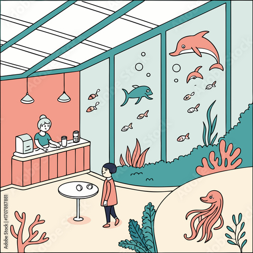 A charming illustration of a person visiting an aquarium observing marine life like dolphins and fish behind glass panels with an octopus visible in a separate tank and a staff member at a counter