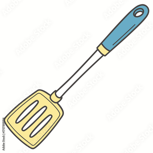 Flat design illustration of a kitchen spatula with steel handle and silicone head