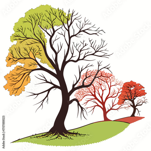 A stylized illustration of a single tree showcasing the four distinct seasons with vibrant colors and bare branches against a white background