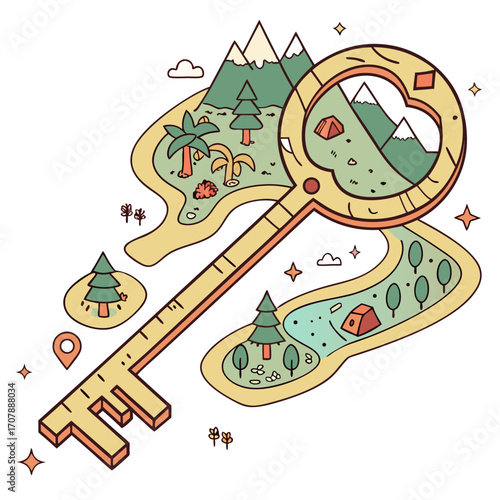 A whimsical golden key transforms into a vibrant landscape featuring mountains palm trees evergreen trees tents and a map pin symbolizing adventure and discovery