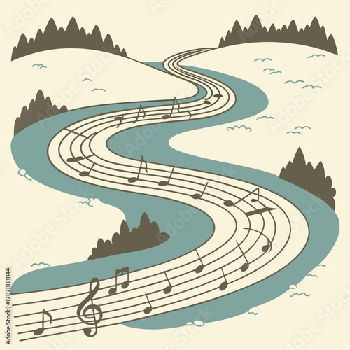 A winding river flows through a serene landscape its currents transforming into musical staff lines adorned with notes and symbols
