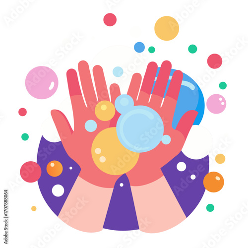 Playful cartoon illustration of hands washing with colorful soap bubbles