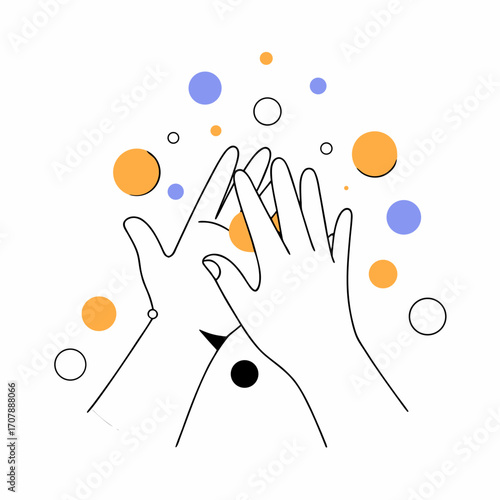 Cheerful cartoon illustration of hands washing with vibrant soap bubbles