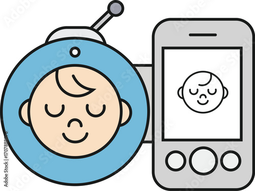 Baby monitor with baby face isolated on white background, safety concept