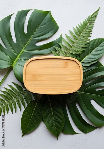 Wood serving tray amidst tropical foliage, product display backdrop