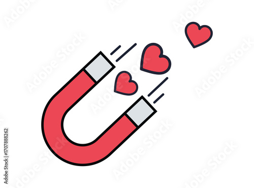 Magnet attracting hearts isolated on white background, love and attraction concept