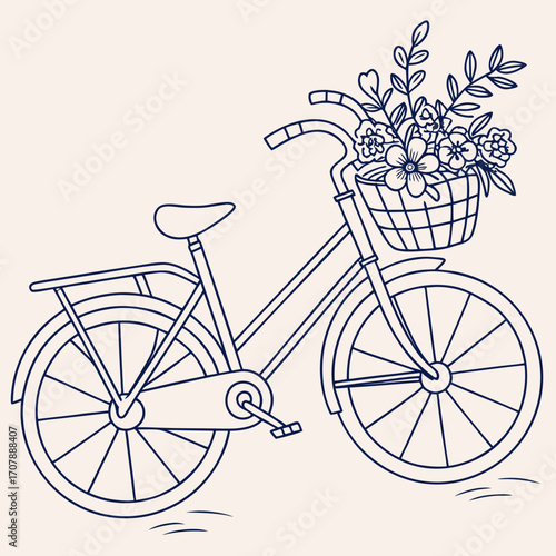 Charming hand drawn line art illustration of a vintage bicycle with a basket full of blooming flowers and greenery on a light background