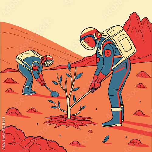 Astronauts planting a young tree on a barren alien planet with red soil and distant mountains under a pale sky