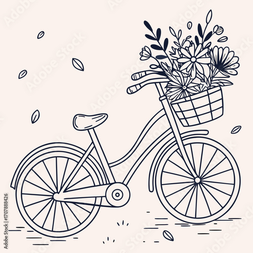 Charming hand drawn line art illustration of a vintage bicycle with a basket full of blooming flowers and leaves on a light cream background with scattered leaves