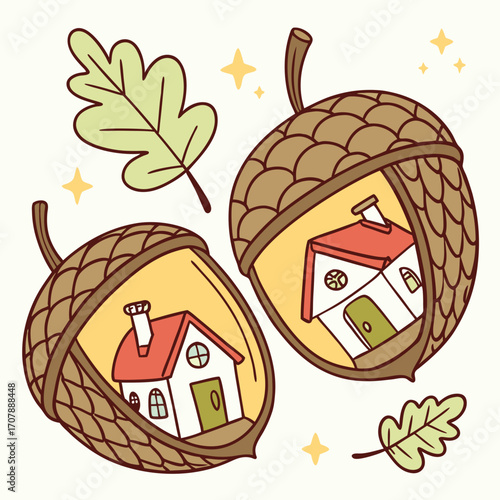Charming illustration of two acorns transformed into cozy homes with red roofs and green doors surrounded by autumn oak leaves and twinkling stars