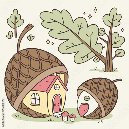 Charming illustration of a whimsical acorn house nestled in a forest setting with a friendly acorn character and small mushroom homes