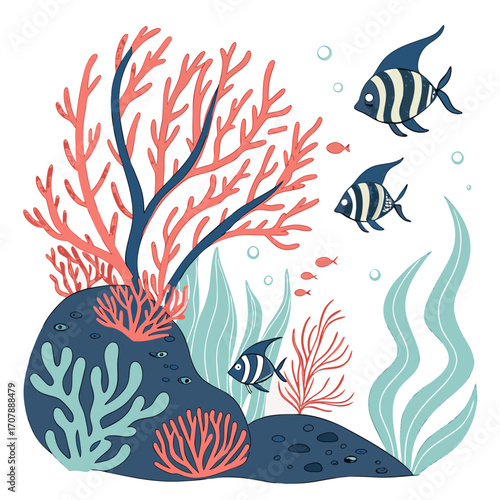 Charming underwater scene featuring whimsical coral reefs flowing seaweed and cute striped fish swimming amongst bubbles in a vibrant marine environment