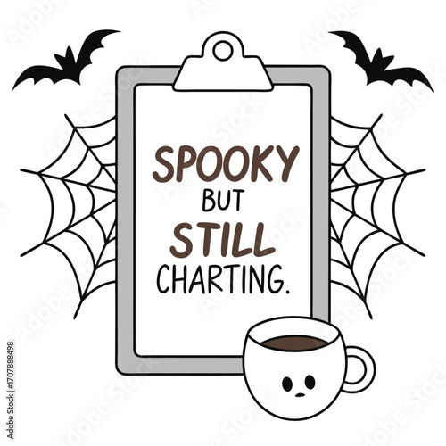 Vector art of spooky but still charting text on clipboard with bats and spider webs