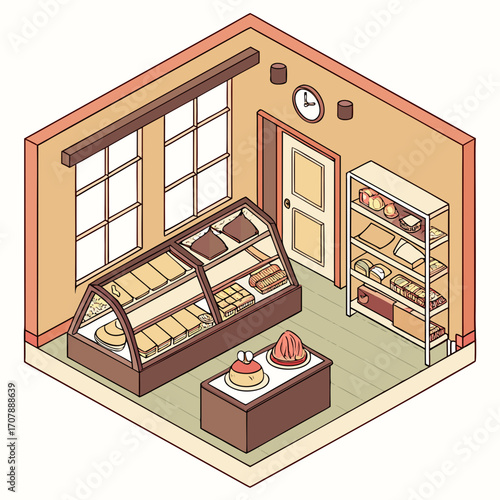 Cozy isometric view of a charming bakery interior showcasing delicious pastries in a display case and on shelves