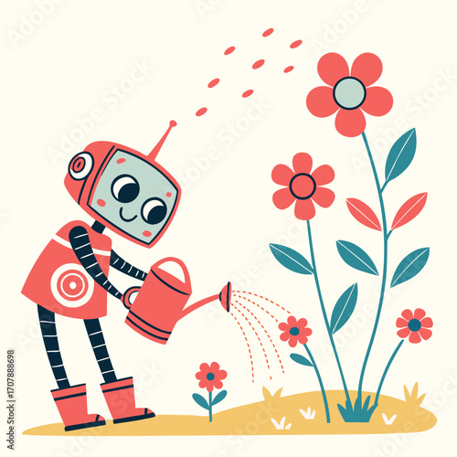 Cute cartoon robot with a watering can happily tending to vibrant red flowers and green plants in a cheerful garden scene