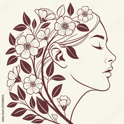 Elegant line art profile of a woman with her hair transformed into blooming flowers and leaves symbolizing natural beauty and growth