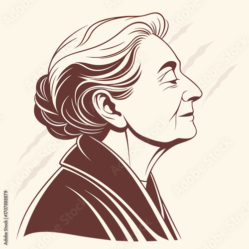 Elegant profile illustration of an elderly woman with her hair styled in a bun wearing a coat rendered in a classic line art style with a warm color palette