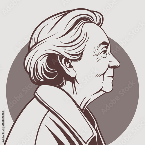 Elegant vintage illustration profile portrait of an elderly woman with a kind smile and styled hair depicted in a classic line art style