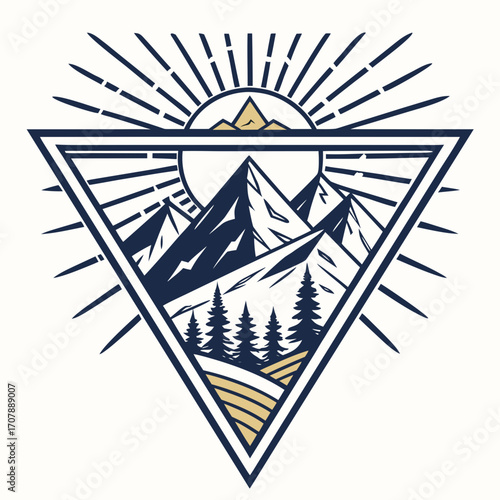 Geometric mountain landscape with sun rays and pine trees inside a triangle emblem for outdoor adventure and nature exploration