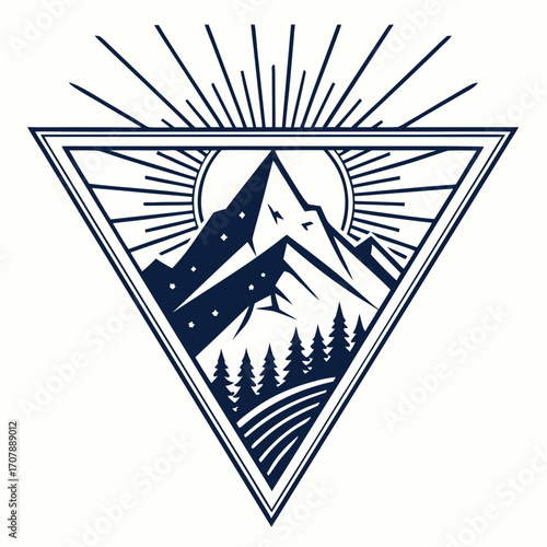 Geometric mountain landscape with sunburst and pine trees within a triangle emblem for adventure and nature exploration