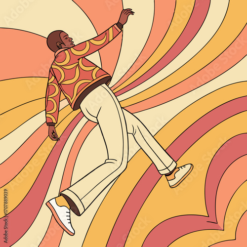 Groovy 1970s style illustration of a black man in a patterned jacket and bell bottom pants dancing against a psychedelic wavy background