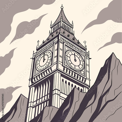 Iconic big ben clock tower in london emerges from dramatic rocky peaks under a cloudy sky in a stylized illustration