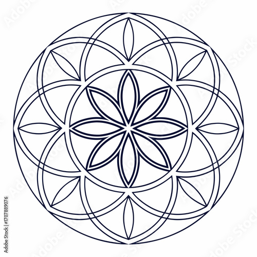 Intricate geometric mandala design featuring the seed of life pattern with dark blue lines on a clean white background representing harmony and sacred geometry