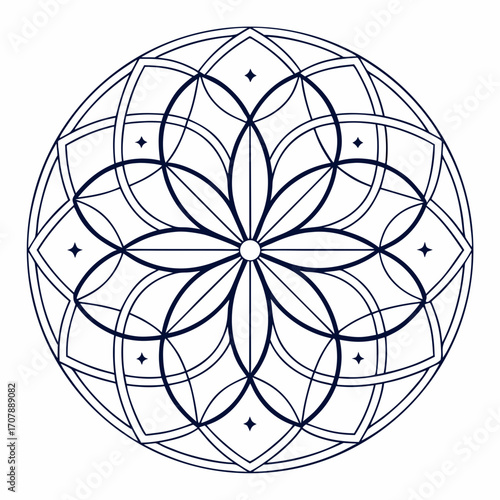 Intricate geometric mandala design with repeating petal shapes and star accents in dark blue outline on white background