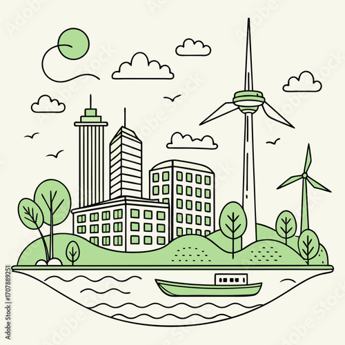 Modern city skyline with renewable energy wind turbines and green trees beside a river with a boat under a sunny sky with clouds and birds
