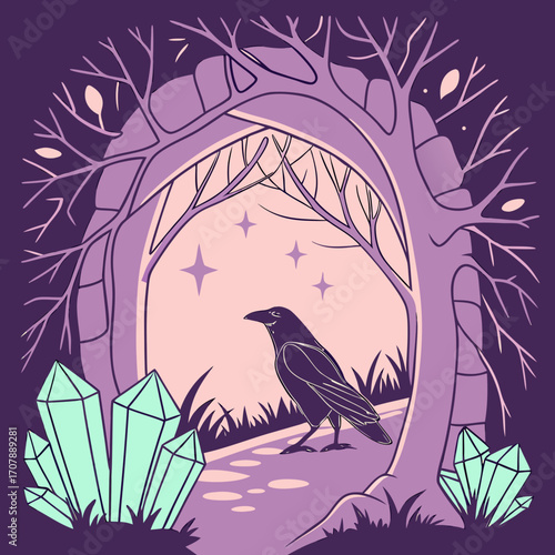 Mystical forest scene with a black raven standing on a path surrounded by glowing crystals and twinkling stars under bare trees