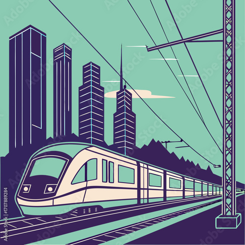 Modern high speed train traveling through a stylized cityscape with tall buildings and overhead power lines under a teal sky
