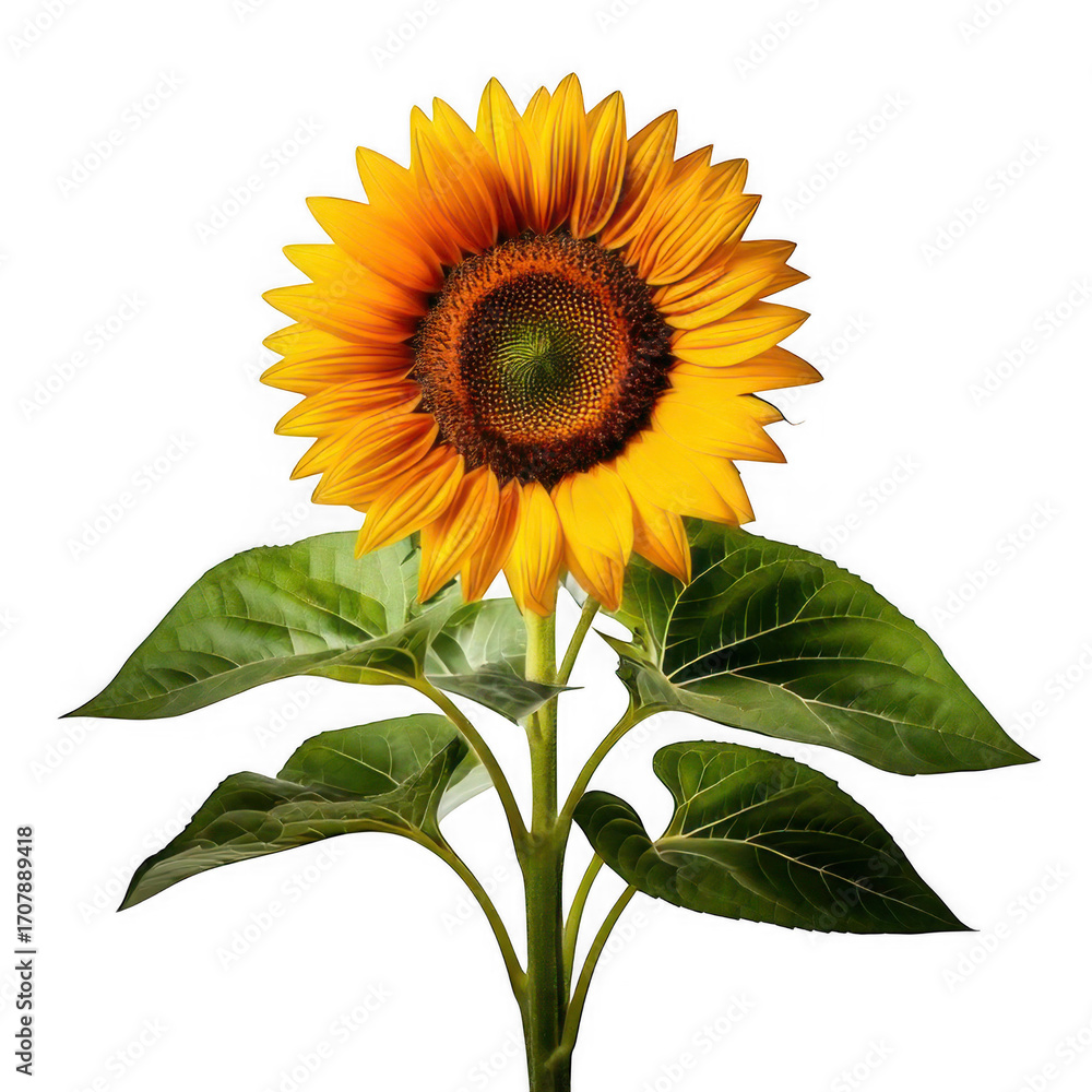 Obraz premium sunflower plant with green leaves isolated on white or transparent