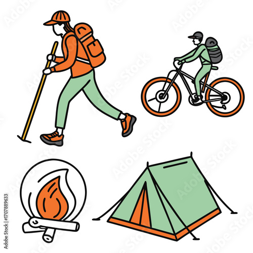 Set of stylized outdoor adventure icons depicting hiking with poles cycling a campfire and a tent perfect for travel or recreation themes