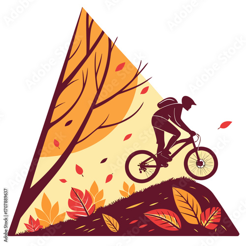 Silhouette of a mountain biker riding downhill amidst falling autumn leaves and stylized trees against a warm sunset backdrop