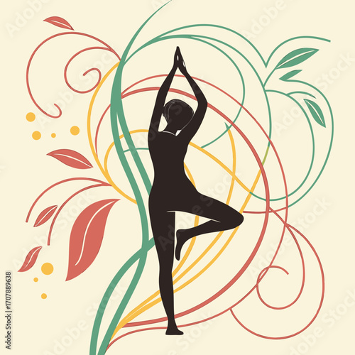 Silhouette of a woman performing the vrksasana yoga pose with decorative floral swirls and leaves in calming pastel colors