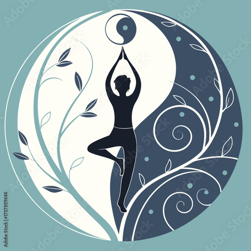 Silhouette of a person in a yoga tree pose balanced within a yin yang symbol surrounded by decorative branches and leaves