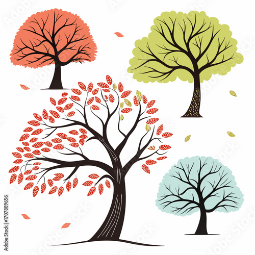 Stylized autumn trees with falling leaves in various colors against a white background