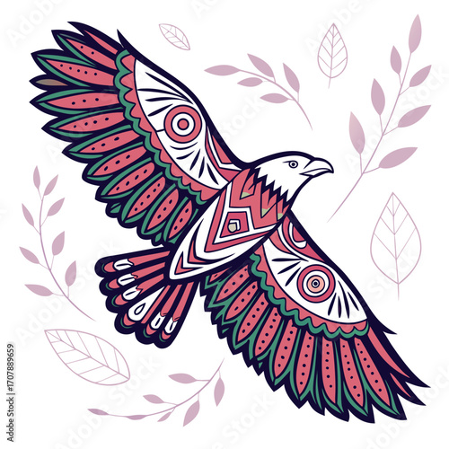 Stylized eagle with intricate tribal patterns in pink and green flying gracefully amidst delicate purple leaves and branches against a white background
