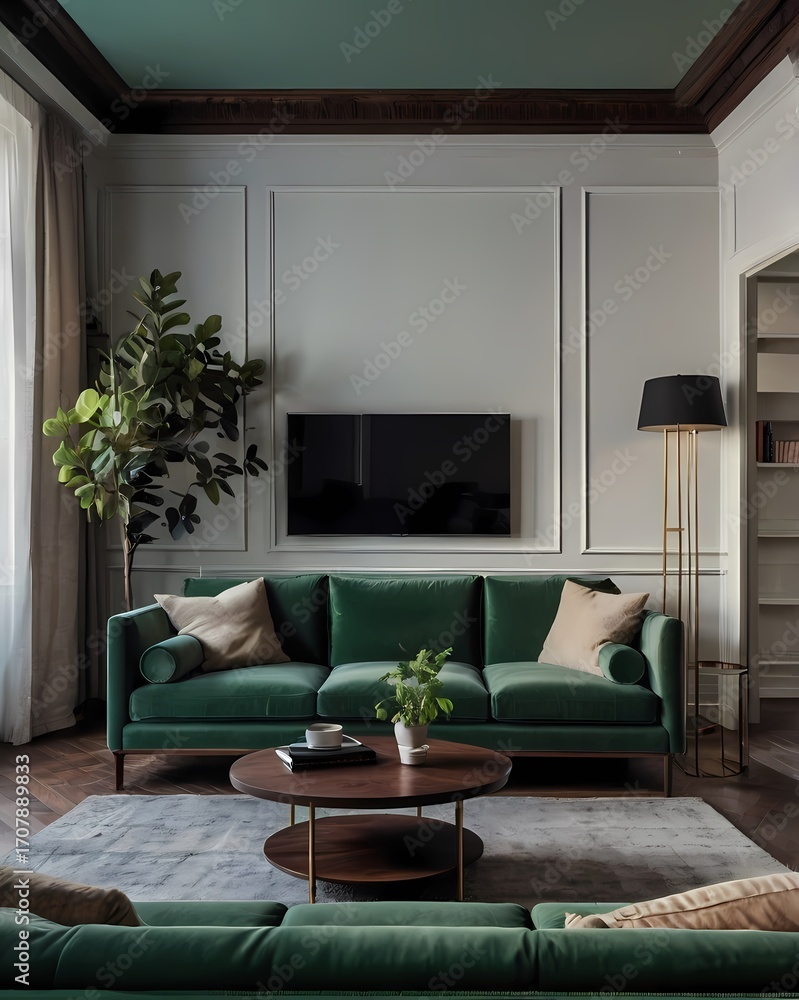 Fototapeta premium Cinematic interior shot of a residential living room, classic minimalist style, desaturated sky-green sofa, vintage yet modern furniture, dark wood floor, white walls and ceiling, carpet, large TV